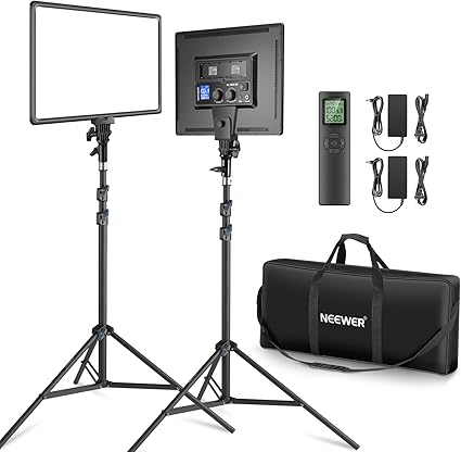 Neewer 18" Led Video Light Panel Key Lighting Kit with Remote, 2-Pack 45W Dimmable Bi Color + Tripod Stand, 3200K–5600K Soft Light CRI 97+ 4800Lux for Game Live Streaming Studio Photography Recording
